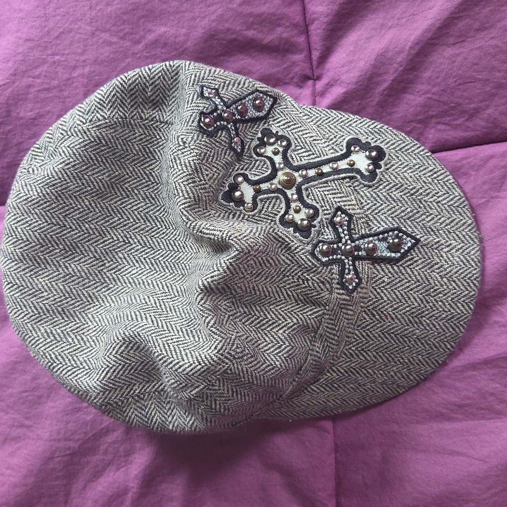 Black & Gray Herringbone Wool Newsboy Cap With Studded Goth Cross Appliques